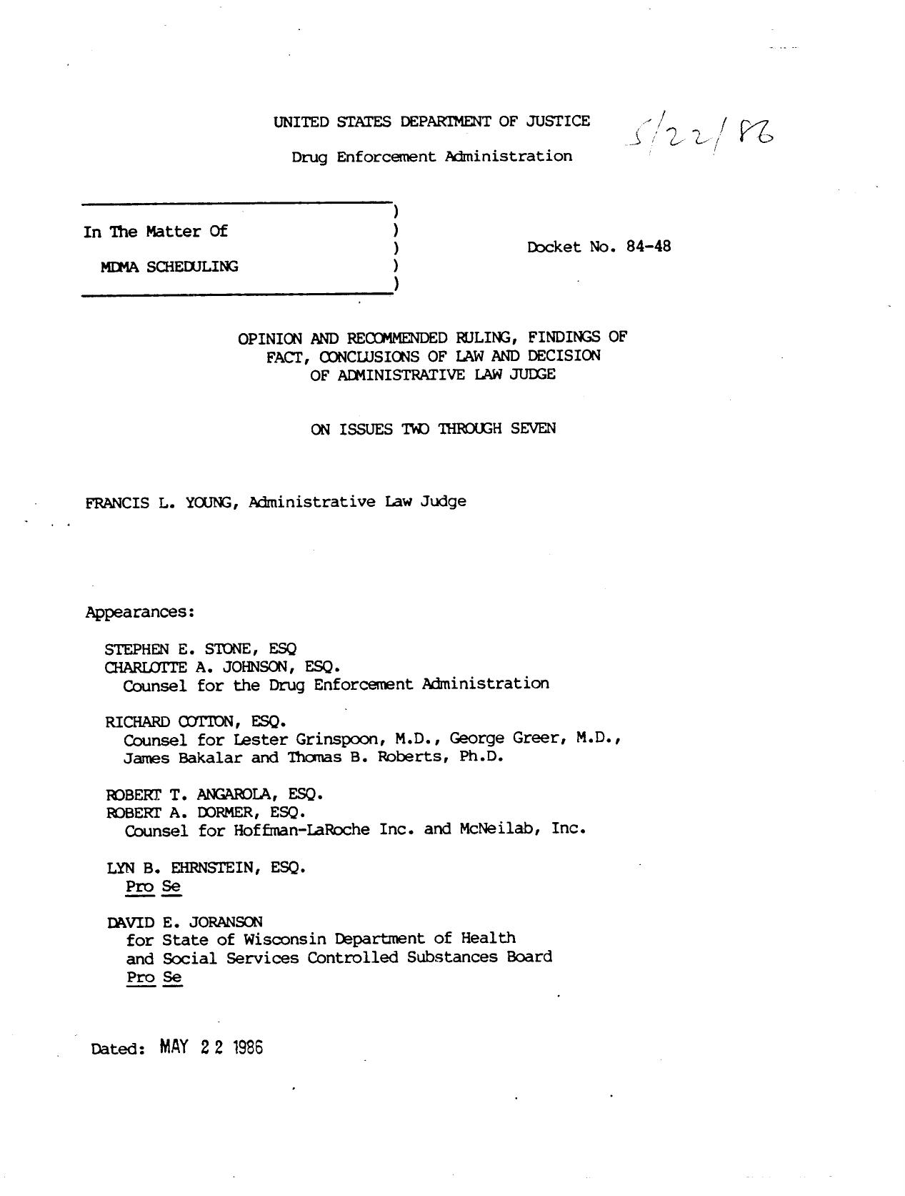 Opinion and Recommended Ruling, Findings of Fact, Conclusions of Law, and Decision of Administrative Law Judge (MDMA Scheduling)