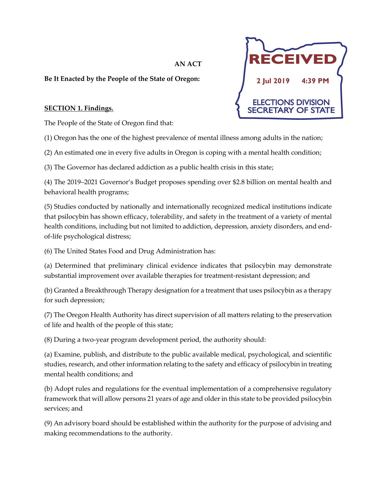 Oregon Psilocybin Services Act (Ballot Measure 109)