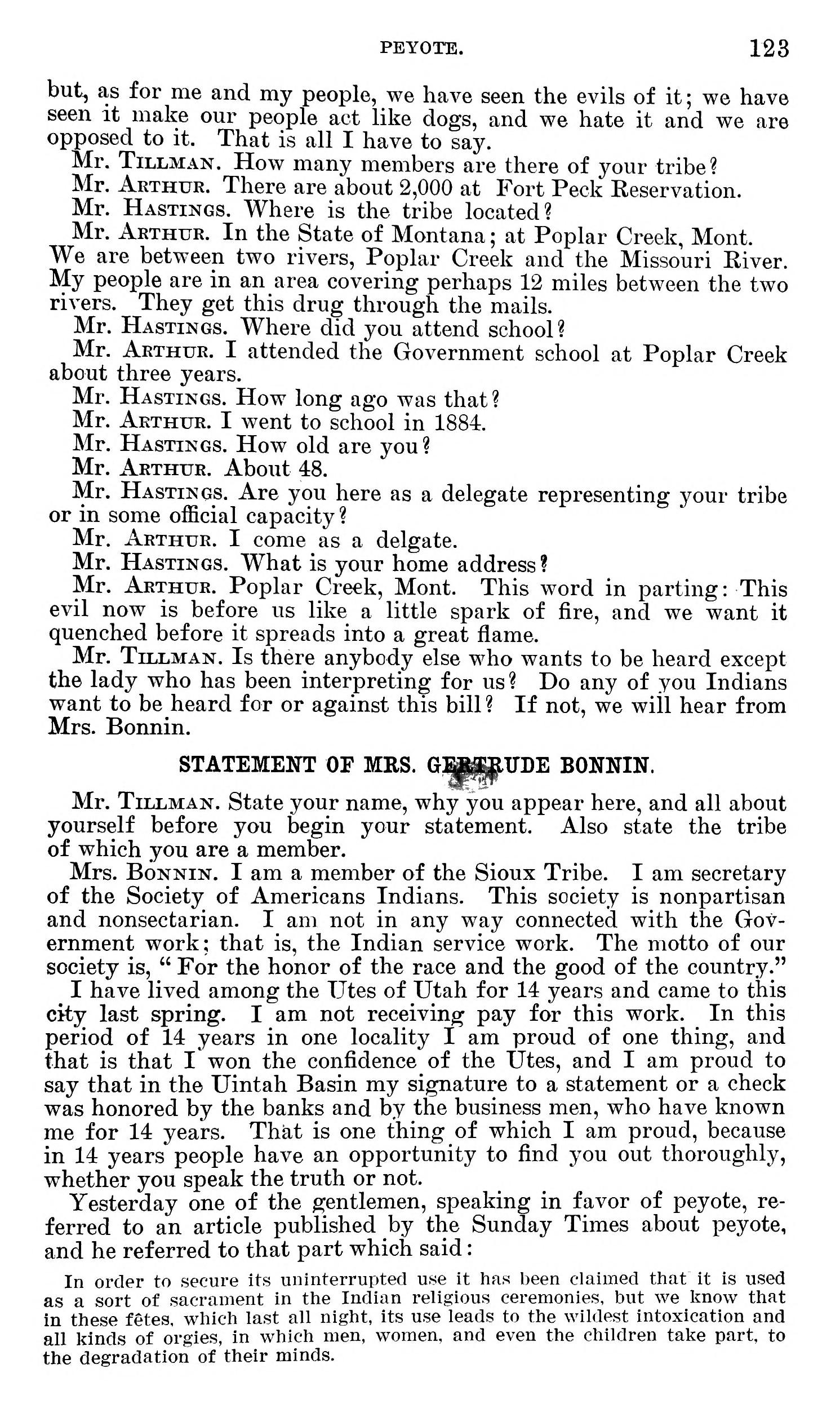 Testimony of Gertrude Bonnin (Zitkála-Šá) against Peyote, House Indian Affairs Subcommittee Hearings on H.R. 2614
