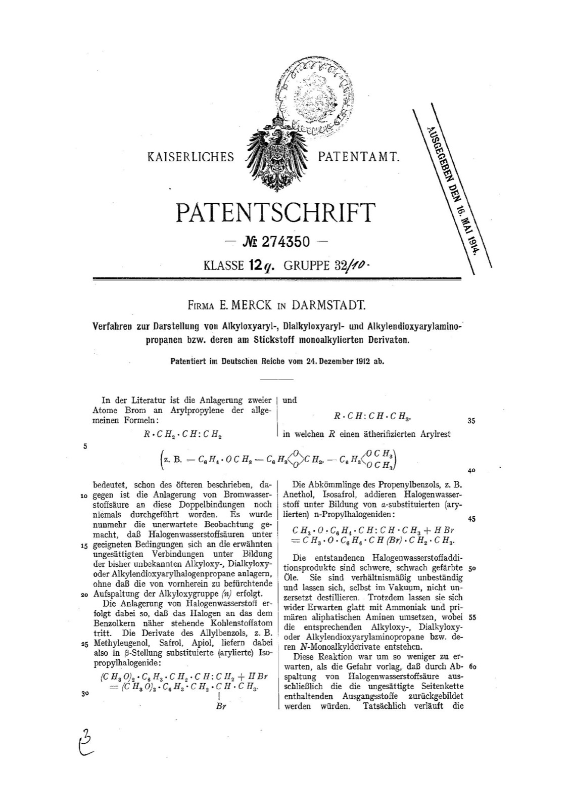 German Reich Patent No. 274350: Process for the Preparation of Alkyloxyaryl-, Dialkyloxyaryl- and Alkylenedioxyarylaminopropanes (Firm E. Merck, Darmstadt)