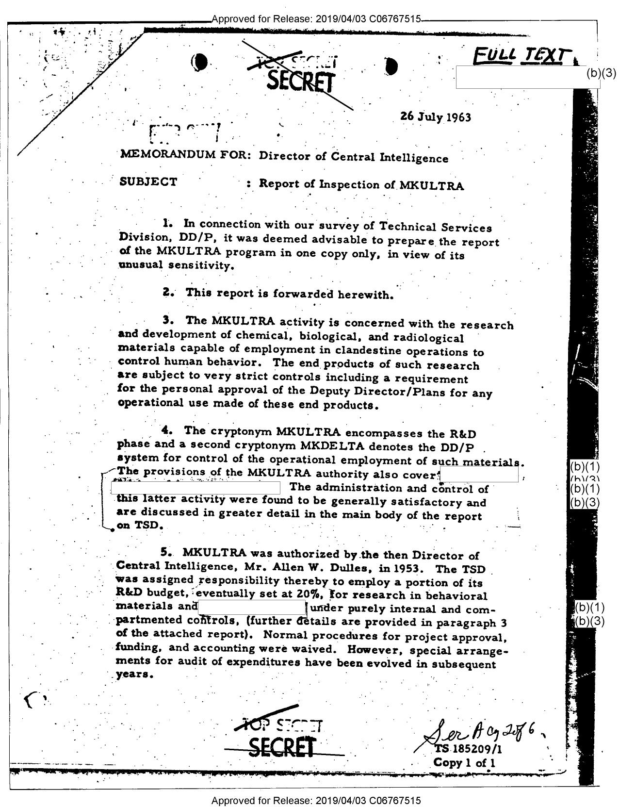 Report of Inspection of MKULTRA