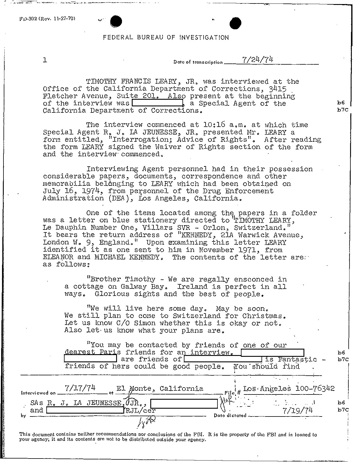 FBI Interview of Timothy Leary on His 1970 Prison Escape and the Brotherhood of Eternal Love