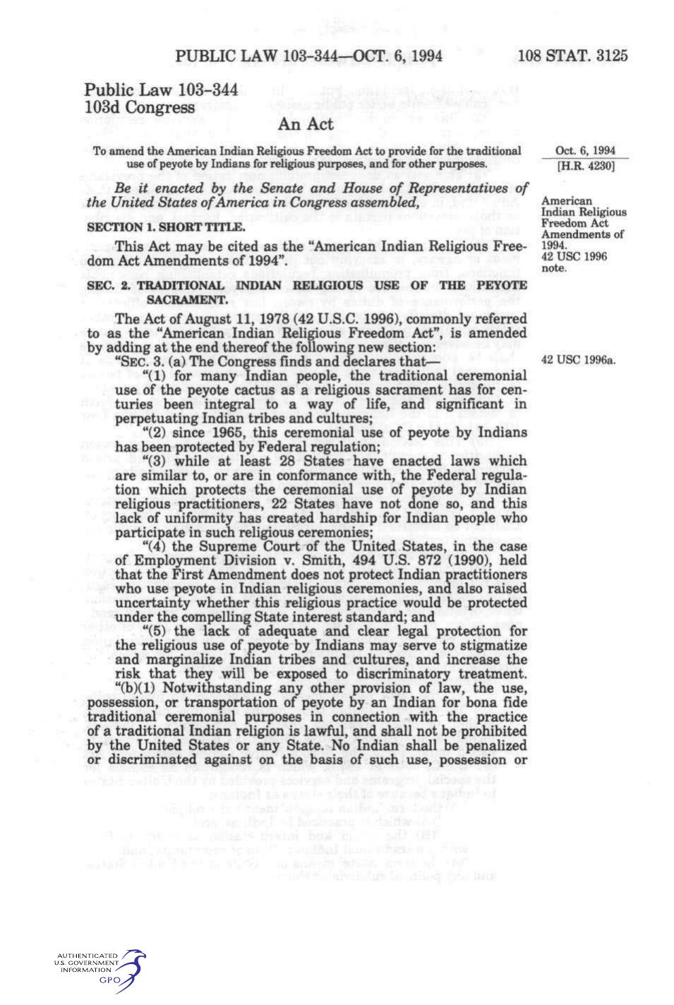 American Indian Religious Freedom Act Amendments of 1994 (Public Law 103-344)
