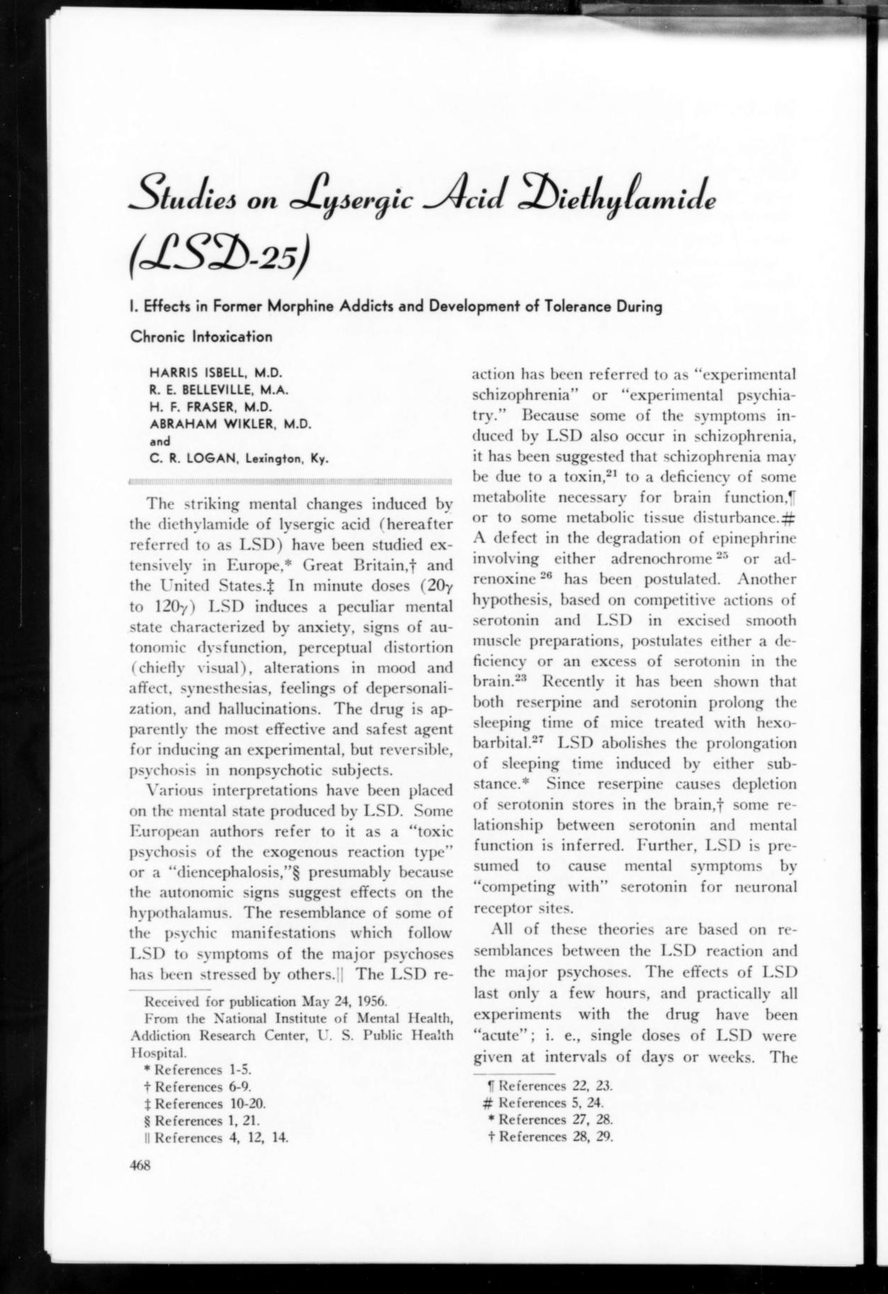 Studies on Lysergic Acid Diethylamide (LSD-25): I. Effects in Former Morphine Addicts and Development of Tolerance During Chronic Intoxication