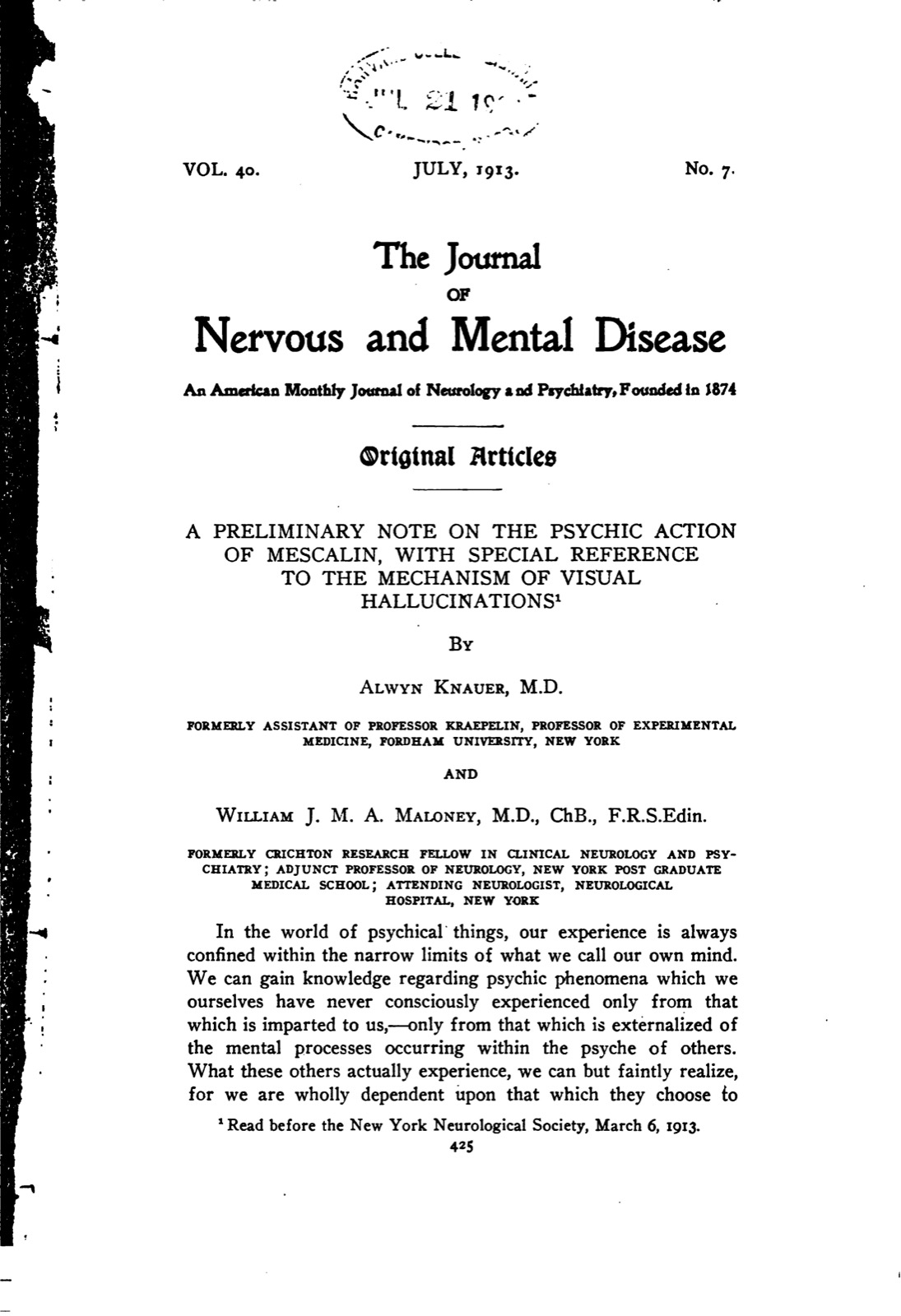 A Preliminary Note on the Psychic Action of Mescalin, with Special Reference to the Mechanism of Visual Hallucinations